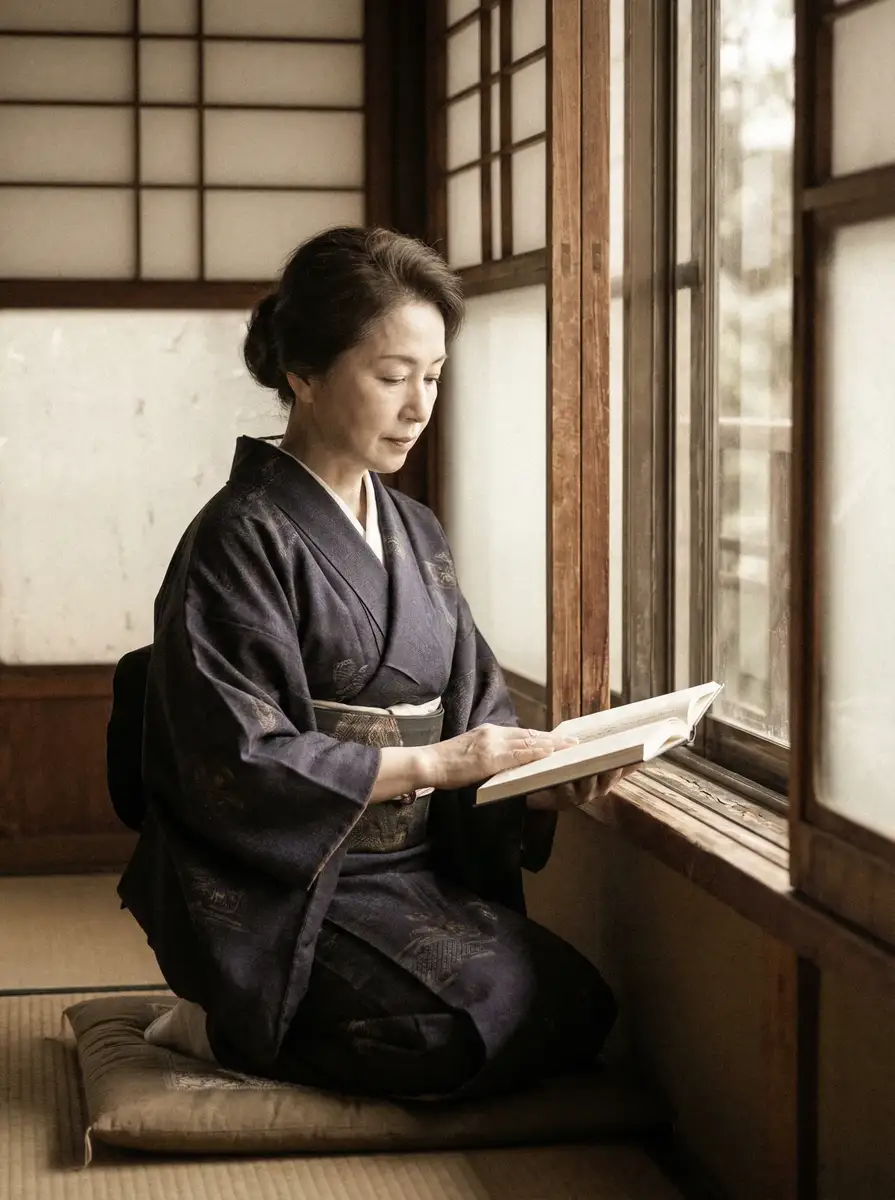 一位优雅的五十岁 小欣奈 身穿深蓝色和服，在窗边静读